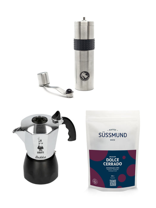 Bialetti Mokkakanne Set mit Rhinowares Handmühle und Kaffee
